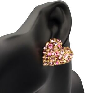Oscar de la Renta Shattered Heart Earrings Pink Crystal Gold Tone Post Back